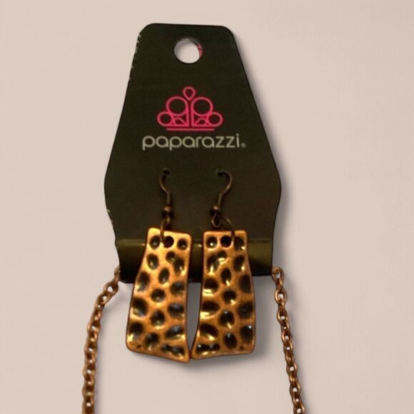 Paparazzi Necklace Earrings Bracelet Set “A Fan Of The Tribe” Hammered Copper - Picture 2 of 5